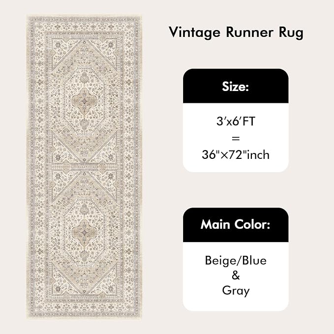 3x6 Runner Rug for Hallway Washable: Non Slip Kitchen Rugs with Rubber Backing Soft Waterproof Wide Mats Stain Resistant Low Pile Carpet for Entryway Bedroom Bathroom Laundry Home Decor Beige/Gray