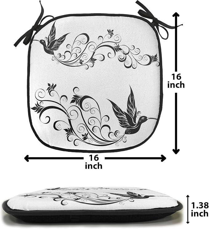 Lunarable Hummingbirds Chair Cushion Pad, Tattoo Art Style Hummingbird Silhouette Wildlife Curvy Stems Blooms Imagery, Seat Padding for Kitchen & Patio with Anti-Slip Backing, 16"x16", White Black