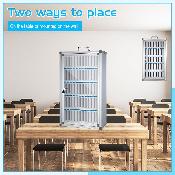 Amylove Cell Phone Locker Cabinet Aluminum Alloy Pocket Chart Storage Locker Box Cabinet Wall-Mounted Cell Phones Storage Box with Handle for Office Classroom Gym(White,60 Slots)