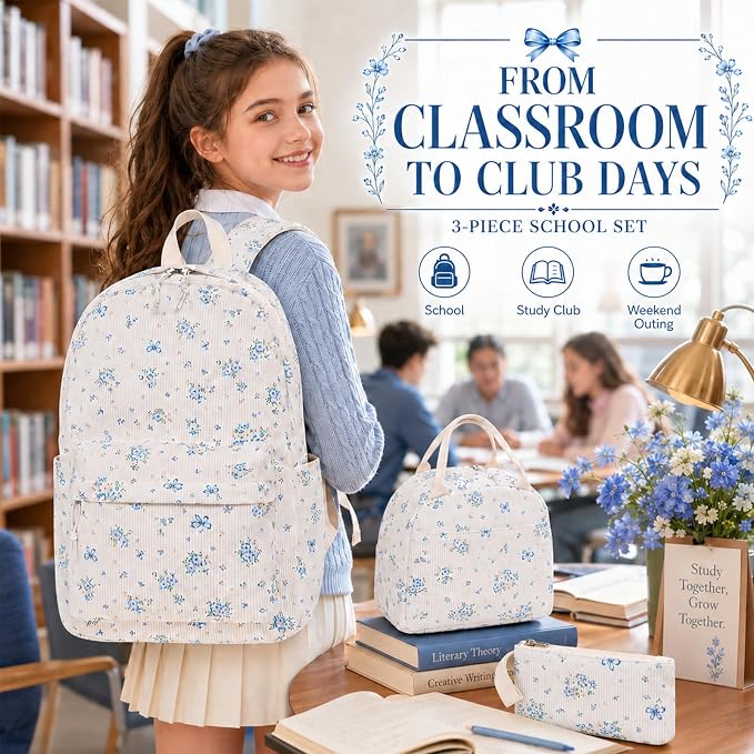 Bluboon School Backpack Set Girls Womens Laptop Bookbag Casual Daypack Fits 15 inch Laptop with Lunch Tote Bag and Pencil Bag