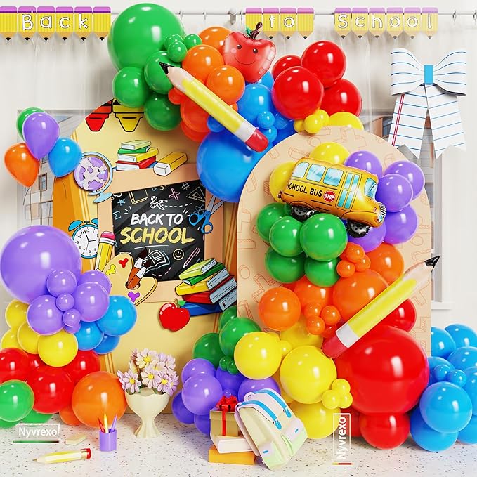 152Pcs Back to School Balloon Arch Garland Kit, Rainbow Latex Balloons and School Bus Apple Pencil Foil Balloon for Classroom Kindergarten Party Decorations, Back to School Event Supplies