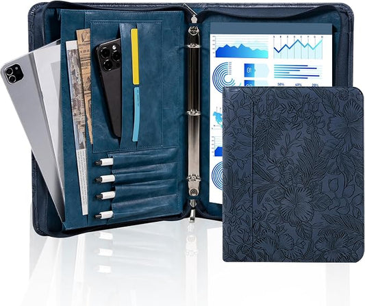 AZXCG Embossed Padfolio for Women,Zippered Padfolio with 3 Ring Binder,Business Portfolio Organizer for Women with A4 Writing Pad Holder, Professional Leather Portfolio Binder for Meeting