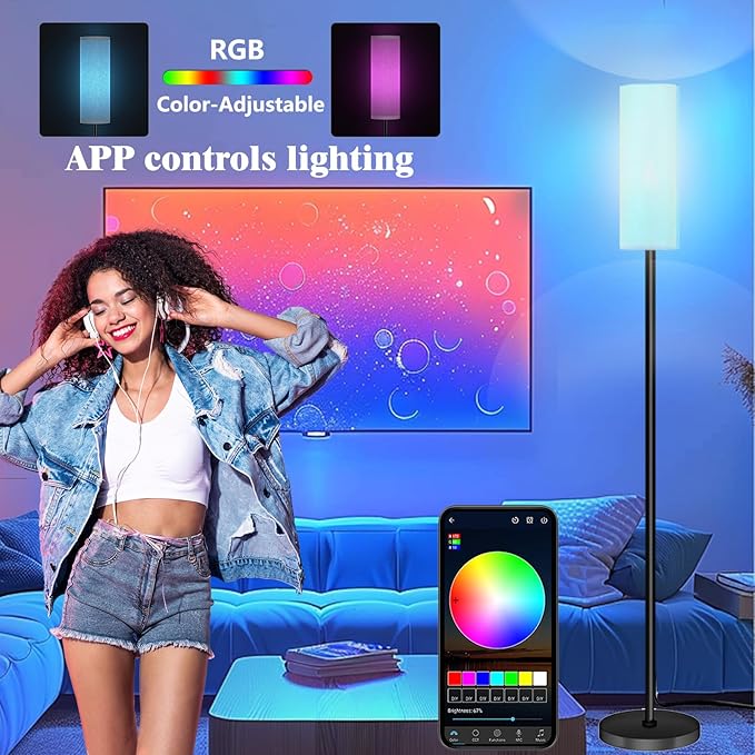 Qaubauyt Smart LED Floor Lamp with APP Control & RGB Colors - Dimmable Standing Lamp for Living Room, Bedroom, Gaming - Remote, Timer, 9W Bulb Included, 67" Modern Tall Lamp (C:Black Beige)