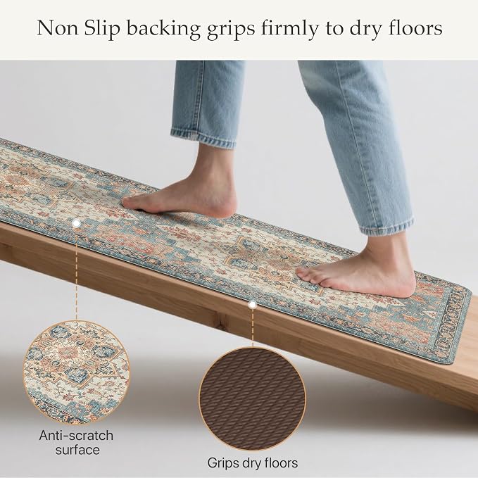 GENIMO Kitchen Mats for Floor 2PCs, Washable Anti Fatigue Mat for Cushioned, 17.3"x47"+17.3"x30", Waterproof Kitchen Rugs, Non Slip Comfort Standing Mat Rug for Home, Sink, Laundry, Blue&Salmon