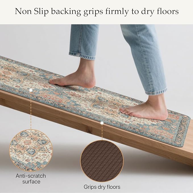 GENIMO Kitchen Mats for Floor 2PCs, Washable Anti Fatigue Mat for Cushioned, 17.3"x59"+17.3"x30", Waterproof Kitchen Rugs, Non Slip Comfort Standing Mat Rug for Home, Sink, Laundry, Blue&Salmon
