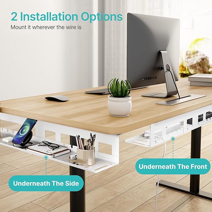 Under Desk Cable Management Tray, 31.5'' Screw-Mount Steel Rack | Metal Cord Organizer for Power Strips, Chargers, Reversible Installation, Effortless Wire Management for Home Office, White