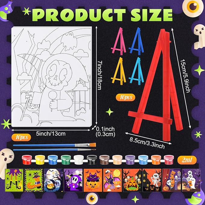 Blosssound 10 Set Halloween Pre Printed Canvas Witch Pre Drawn Canvas Painting with Easel Kits 5" x 7" Outline Painting Panels for Beginners, DIY Craft Project, Party Favor, Home Decors(Pumpkin Witch)