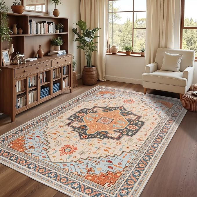 Macgace 4x6 Orange Beige Area Rug for Living Room, Machine Washable Rugs with Non-Slip Backing for Bedroom, Vintage Medallion Carpet Kitchen Laundry Kids Room Decor