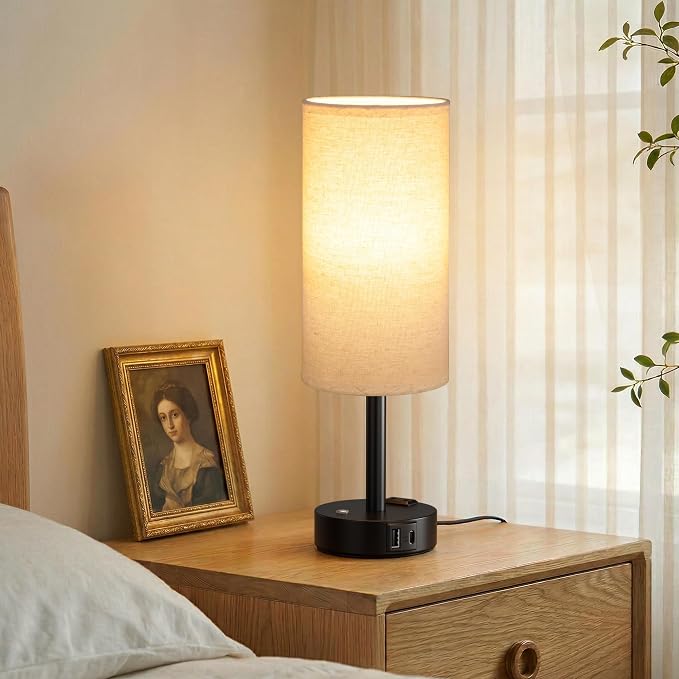 Touch Bedside Table Lamp with Memory - Stepless Dimmable Lamp for Bedroom, Small Nightstand Lamp with Dual USB Charging Ports and AC Outlet, Wood Night Light, Desk Lamp for Nursery (Beige & Black)