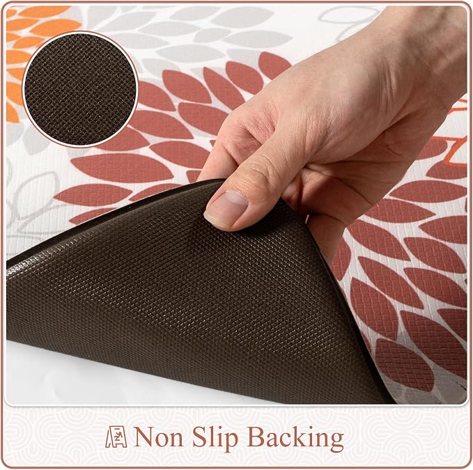 KIMODE Half Circle Anti Fatigue Mats for Kitchen Floor Kitchen Mats 2PCS | 18"x28+18"x28",Orange,Dahlia Floral Boho,Kitchen Rugs 2pcs,Non Slip,Waterproof,for Sink Office Laundry Bathroom Decor