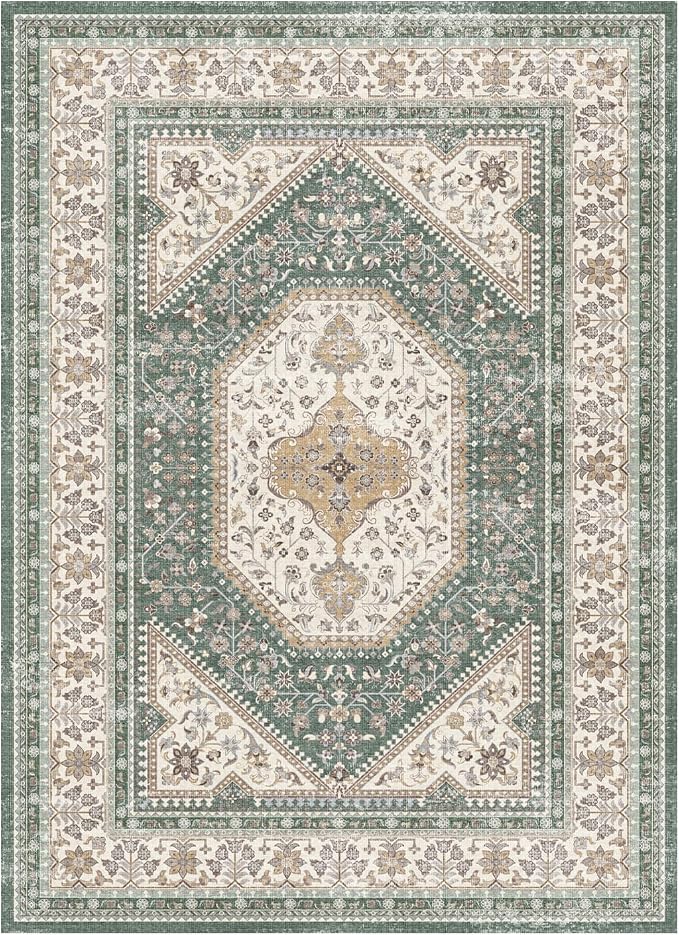 Puino 9x12 Washable Vintage Rug: Oriental Rugs for Living Room Non Slip Backing Stain Resistant Large Indoor Carpet for Bedroom Area Rug Dining Room Decor(Green,9x12FT)