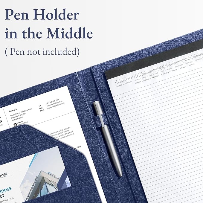 Mymazn Padfolio Portfolio Folder, Faux Leather Interview Resume Folder with Document Organizer & Business Card Holder, Letter-Sized Notepad Legal Pad Holder for Men Women (Deep Blue)
