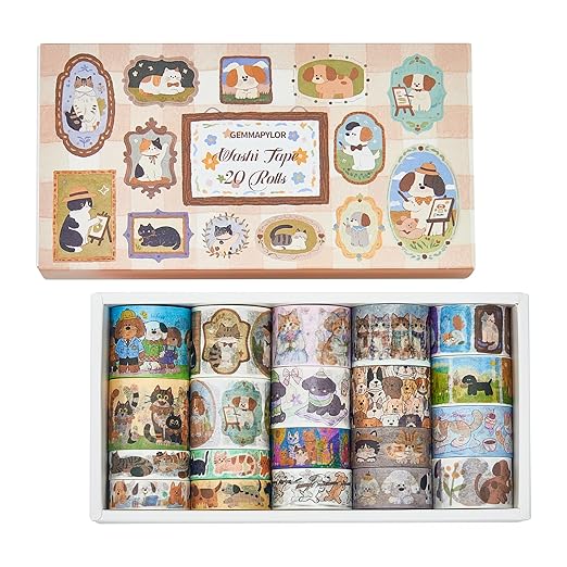 Cat & Dog Washi Tapes Set 20 Rolls, Cute Decorative Masking Tape for Junk Journal, Scrapbooking Supplies, DIY Crafting Supplies