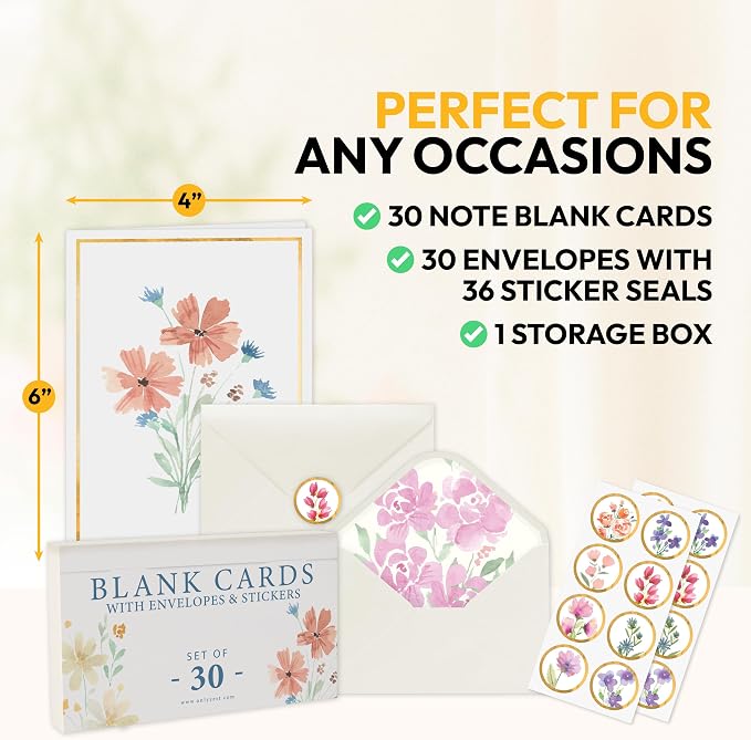 30 Blank Cards and Envelopes Set with Stickers – 4x6 Inches – Thick and Premium Designs
