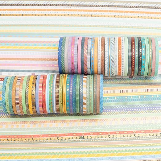 YUBBAEX 60 Rolls Skinny Washi Tape Set Gold Foil Masking Thin Basic Patterns Decorative Tapes for Arts, DIY Crafts, Journals, Planners, Scrapbook, Wrapping