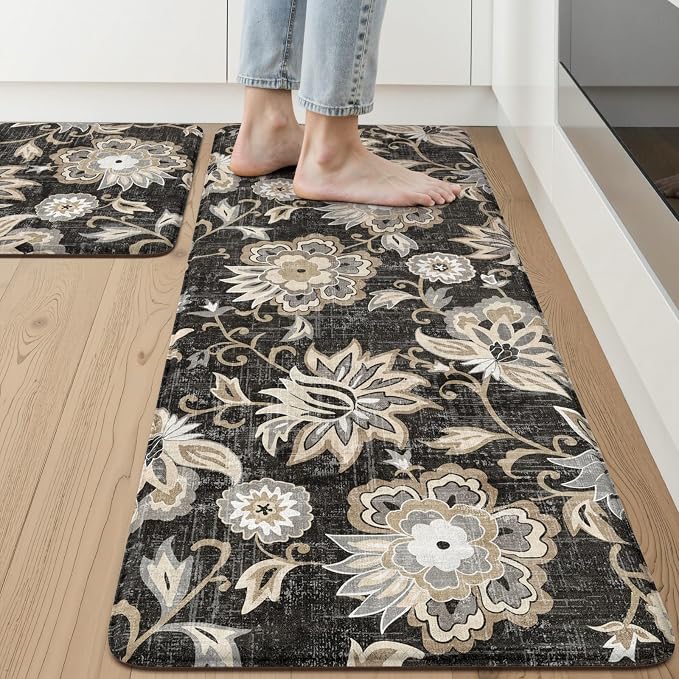 LEEVAN Anti Fatigue Kitchen Mats for Floor, Cushioned Kitchen Mat Set 2PCS | 20"x31"+20"x47", Boho Floral Black Kitchen Rugs Non-Slip Comfort, Waterproof Ergonomic Standing Mat for Laundry, Office, Sink