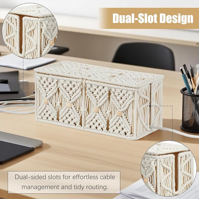 Cable Management Box Handmade Macrame Cord Storage Organizer | Power Strips Outlet Router Adapter TV Wire Hider Cover Under Desk Natural Cotton Rope Woven Basket w/ Lid, Off White, Large