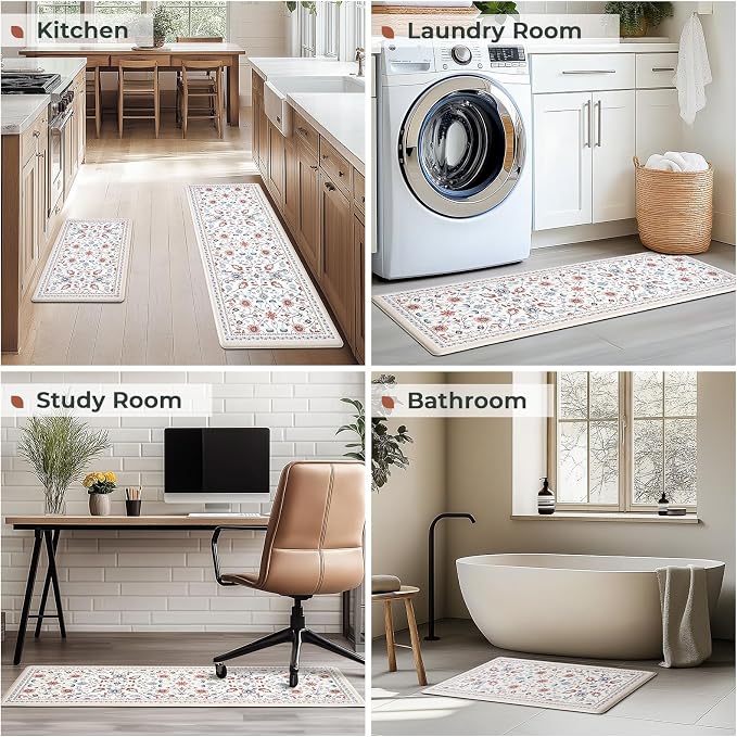 FRESHMINT Vintage Floral Kitchen Mats 2 Piece, 17x30''+17x47'', Beige | Anti-Fatigue, Non Slip, Comfort, Kitchen Decor, Easy to Clean, Waterproof, Perfect for Kitchen, Laundry, Office