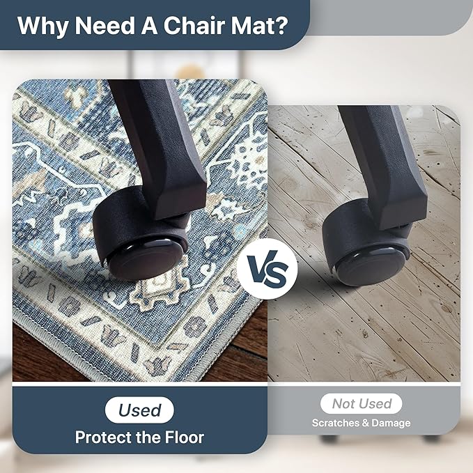 48"x72" Office Chair Mat for Hardwood Tile Floor, Under Desk Carpet Protector for Rolling Computer Chair Mat, Machine Washable Area Rug, Anti-Slip 1/5" Thick Low Pile Thin Vinyl Floor Mat, Navy
