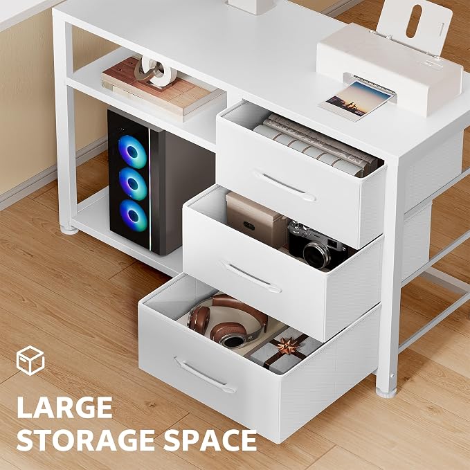47 Inch L Shaped Desk with 3 Drawers Electric Standing Desks with Storage Computer Table Adjustable Height with Power Outlets 4 Memory Presets for Home Office, White | with Storage Computer Table Adjustable Height with Power Outlets 4 Memory Presets fo...
