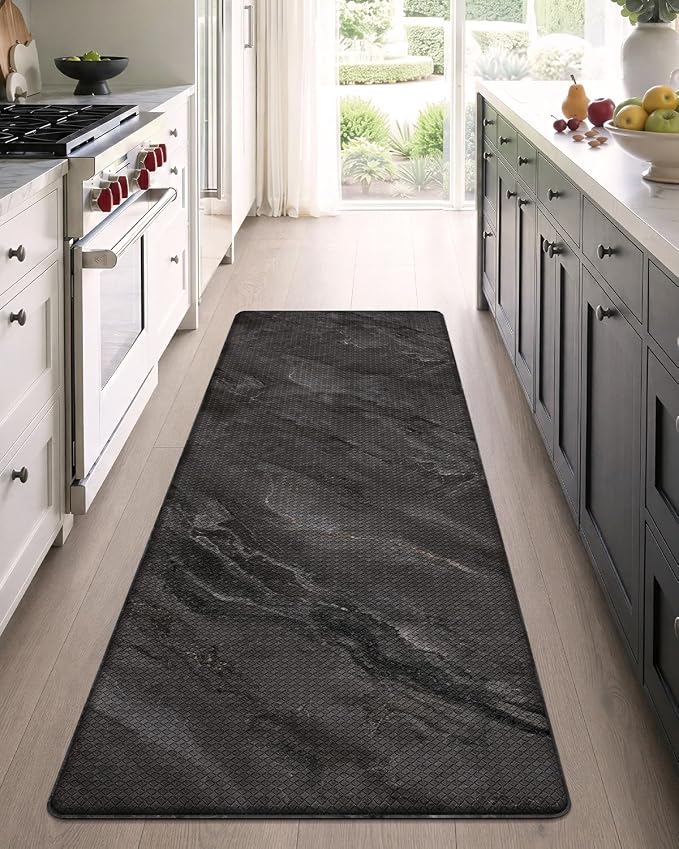Color&Geometry Kitchen Mats for Floor 24x87 Black Marble Design | Non Slip Kitchen Runner, Easy Clean, Oil/Water Proof, 0.4in Thick Antifatigue Standing Mat For Laundry/Office, Home Decor