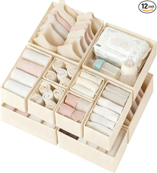 Drawer Organizer Clothes 12 Pack, Dresser Organizer for Nursery Bedroom Closet Organization and Storage - Baby Clothes Organizer Bins - Drawer Divider for Sock Underwear Bra Ties (Beige)