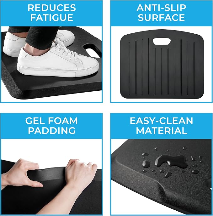 Stand Steady Small Anti Fatigue Standing Mat with Carrying Handle | Ergonomic Standing Mat with Gel Foam Padding | Portable Comfort Mat for Standing Desk, Kitchen, Classroom & Garage (22 x 18in/Black)