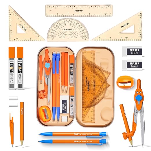 Nicpro 17 PCS Compass Geometry Set for Students, Drafting Tools Math Protractor Compass with Rulers, Mechanical Pencil, Square Set, Box of Protractors Kit for Class Supplies, Back to School Supplies