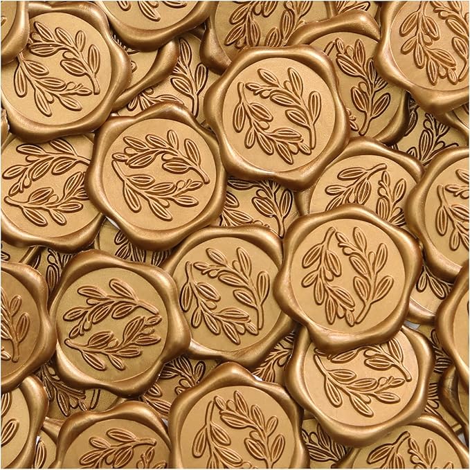 UNIQOOO Wax Seal Stickers - Olive Branch Wedding Invitation Envelope Seal Stickers, 50 Pcs Self- Adhesive Antique Gold Stickers, Perfect for Invitation, Christmas, Gift Wrapping