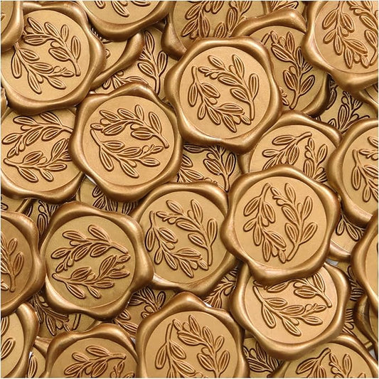 UNIQOOO Wax Seal Stickers - Olive Branch Wedding Invitation Envelope Seal Stickers, 50 Pcs Self- Adhesive Antique Gold Stickers, Perfect for Invitation, Christmas, Gift Wrapping