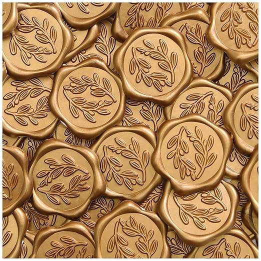 UNIQOOO Wax Seal Stickers - Olive Branch Wedding Invitation Envelope Seal Stickers, 50 Pcs Self- Adhesive Antique Gold Stickers, Perfect for Invitation, Christmas, Gift Wrapping