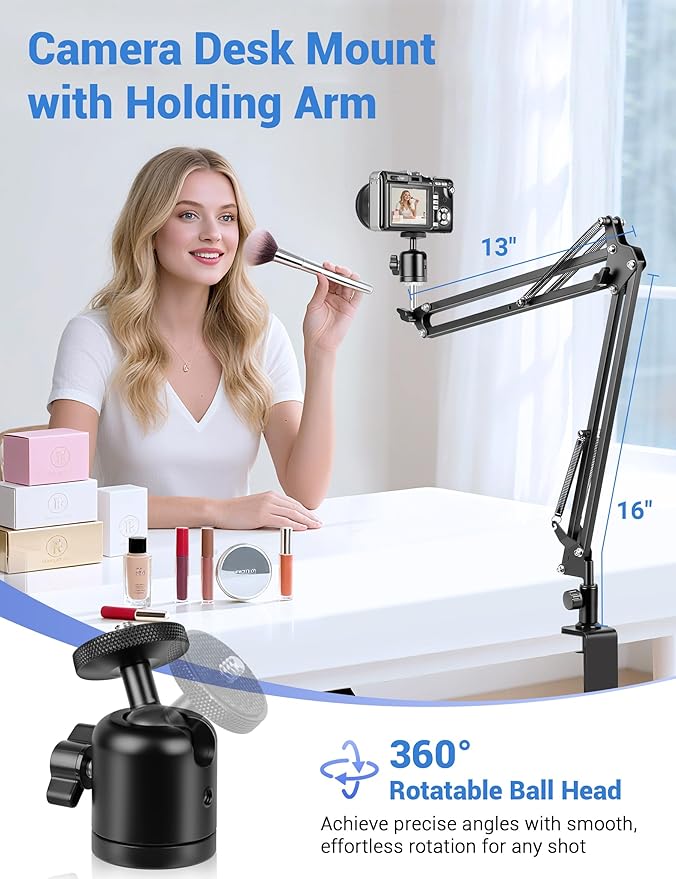Overhead Camera Mount, Desk Camera Mount with 360° Adjustable Arm and Phone Holder for DSLR Cameras/iPhone/Webcam/Ring Light, Desk Phone Stand for Video Recording,Zoom Meeting,YouTube,TikTok
