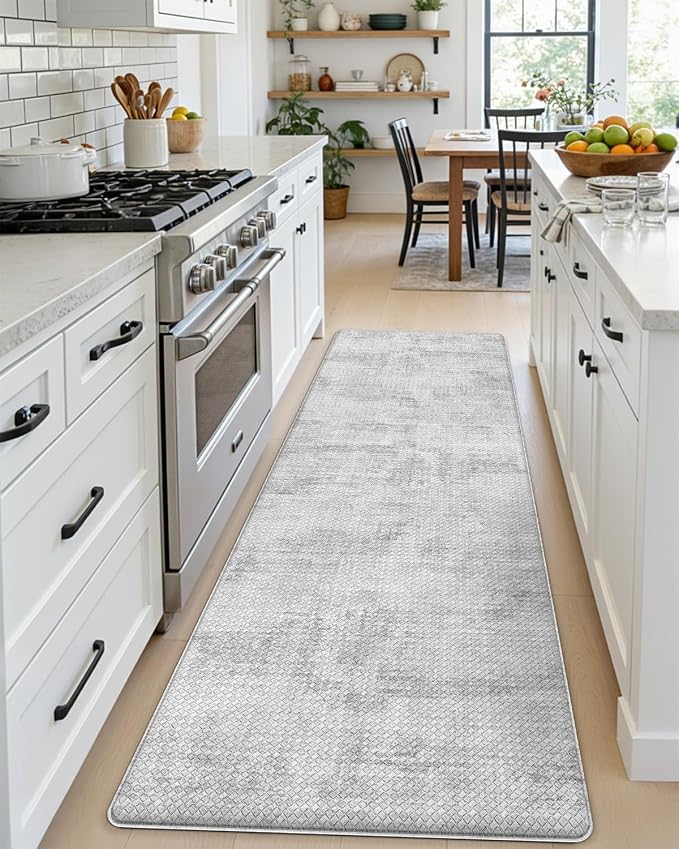 DEXI Kitchen Mats Cushioned Anti Fatigue, 23x86 Floor Padded Runner Rug Non Slip, Waterproof Standing Comfort Memory Foam for Front Sink Laundry, Light Grey
