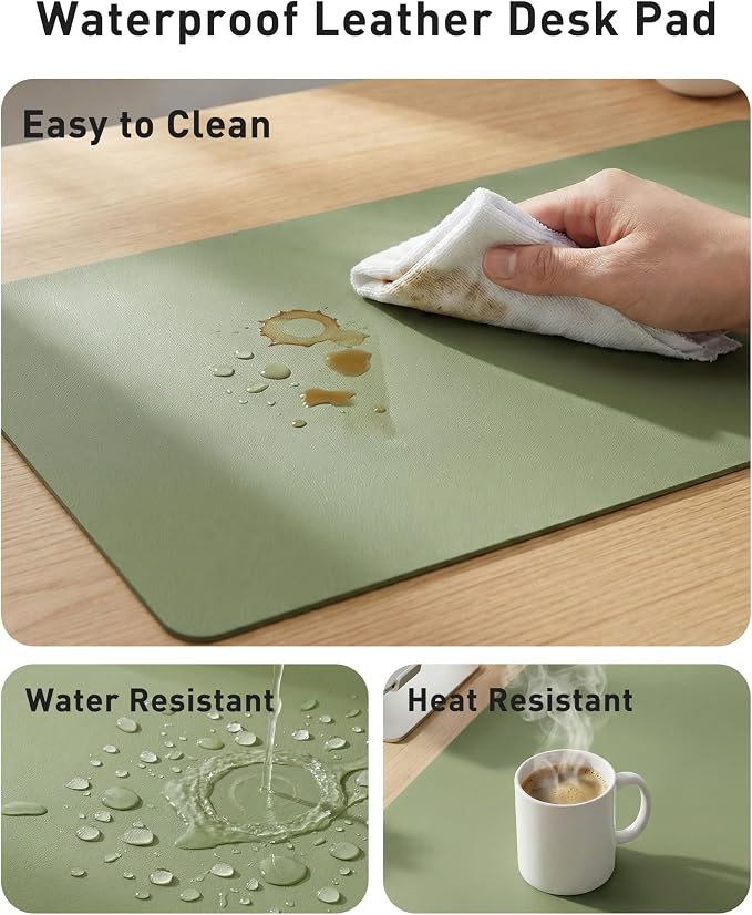 Aothia Faux Leather Desk Mat - Large Mouse Pad, Non-Slip PU Leather Blotter, Waterproof Writing Surface for Office and Home (Olive Green, 63" x 17")