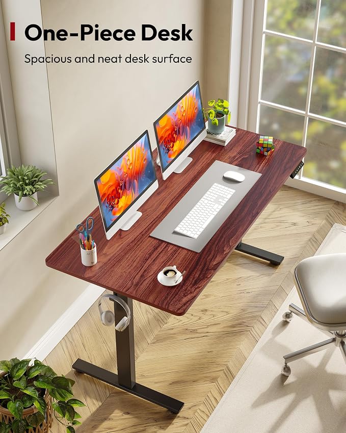 SANODESK One-Piece Electric Standing Desk, Seamless 55 x 28'' Ergonomic Height Adjustable Sit Stand Desk with Memory Presets for Home Office Computer Workstation, Black Frame/Mahogany Top