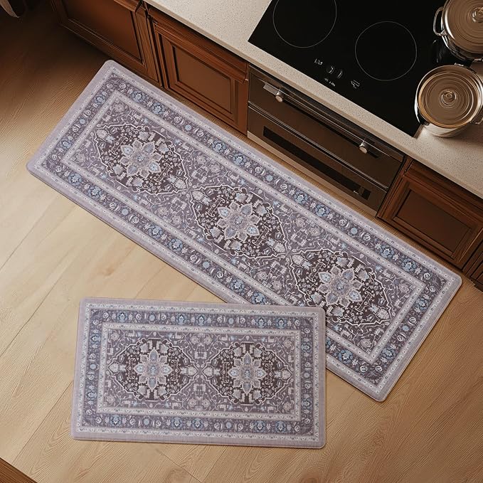 FRESHMINT Medallion Kitchen Mat Set 2 Piece, 17x30''+17x47'', Misty Gray | Anti-Fatigue, Non Slip, Comfort, Kitchen Decor, Easy to Clean, Waterproof, Perfect for Kitchen, Laundry, Office
