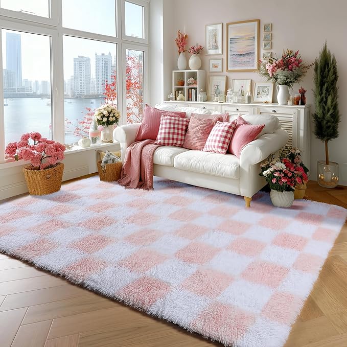 KICMOR Pink Rugs for Bedroom Girls, 3x5 Small Fluffy Soft Bedside Checkered Area Rug, Cute Fuzzy Shag Shaggy Non-Slip Indoor Floor Carpet for Living Room Kids Teen Dorm Nursery Home Decor Aesthetic