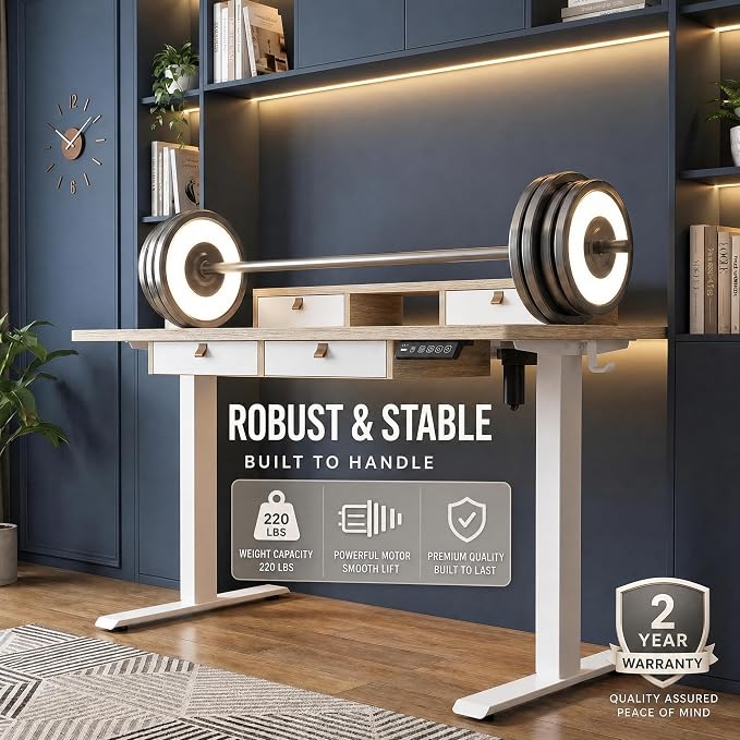 Grandder Electric Standing Desk with Four Drawers, Sit to Stand Up Height Adjustable Desk with Storage Shelf for Home Office, 47 * 28 Inch, Study, Ergonomic Adjustable Computer Desk, Maple