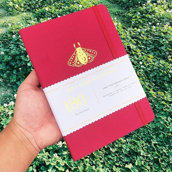 BUKE Dot Grid Notebook Dotted Journal,180Gsm Bamboo White Paper, 5 * 5MM Dots 160 Pages, Lay Flat Binding,Colored Silver Edges, Bookmarks and Expandable Back Pocket