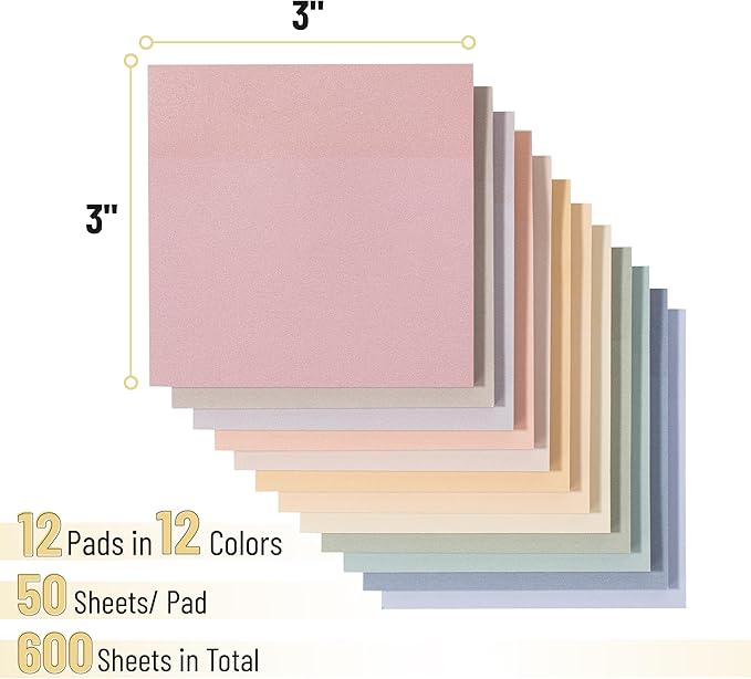 Mr. Pen- Sticky Notes, 3”x3”, 12 Pads, 600 Sheets, 12 Soft Vintage Color Sticky Notes 3x3 for Journaling, Stocky Notes for Bible Journaling