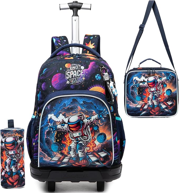 Boys Rolling Backpack for Kids 8-12 Trolley School Bag with Wheels Travel Backpack for Kids with Lunch Bag Back to School Supplies