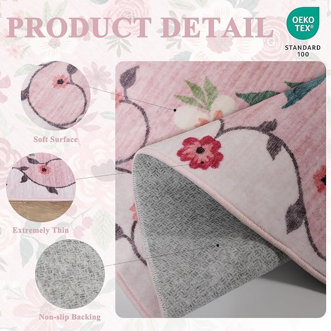 DUKINO Runner Rug, 2x7 Boho Kitchen Rug for Hallways with Low Pile Design, Washable Non Slip Backing Soft Floral Runner for Kitchen, Hallway, Entryway, Bedroom, Laundry, Pink
