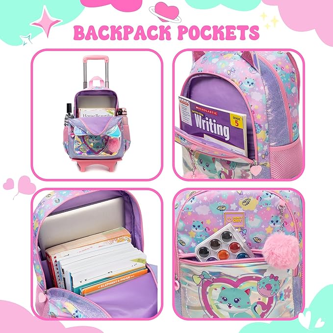 Rolling Backpack for Kids Girls Rolling Backpack for School Roller Backpacks for Girls 8-12 Cute Schoolbag Backpacks with Wheels for Kids with Lunch Box Back to School Supplies