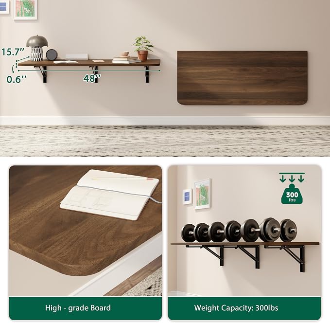 Dogsky Wall Mounted Folding Table, Floating Desk 48x15.7Inch, Fold Down Shelf Wall Mounted with Heavy Iron Brackets, Foldable Table for Launrdy Room, Office Study Work Bench, Kitchen Dining, Walnut