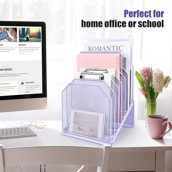 Inclined File Organizer for Desk, 7-Tier Vertical File Folder Holder Office Desk Organizer Metal Rack File Wire Mesh Desktop Document Sorter for Office School Classroom Home (Purple)