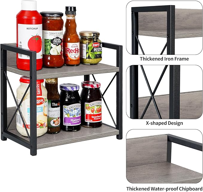 Giikin Countertop Shelf Organizer, 2 Tier Kitchen Spice Rack for Countertop, Wood Kitchen Counter Shelf for Home, Coffee Station Organizer (Grey,S)