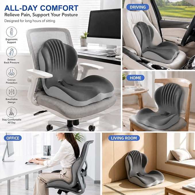 Non-Slip Ergonomic Seat Cushion for Office Chair, High-Density Memory Foam Desk Chair Cushions with Lumbar Support & Tailbone Pain Relief, Breathable Two-Tone Butt Pillow for Car, Gaming Chair