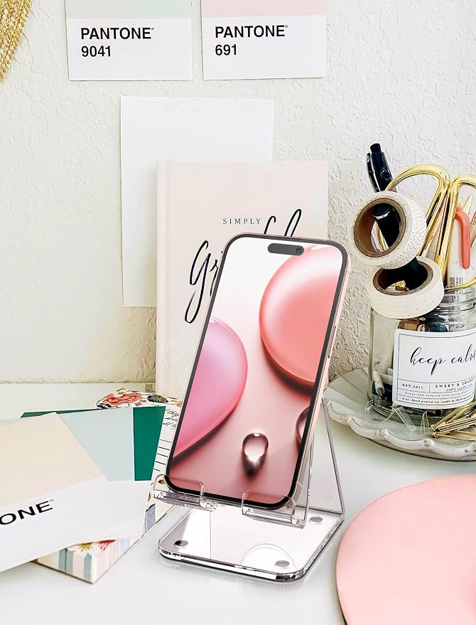 Acrylic Cell Phone Stand, Clear Phone Holder for Office Desk, Vanity, Kitchen, Bedside Table, Compatible with iPhone 17/Smartphones/iPad/Switch/Kindle, Office Desk Accessories