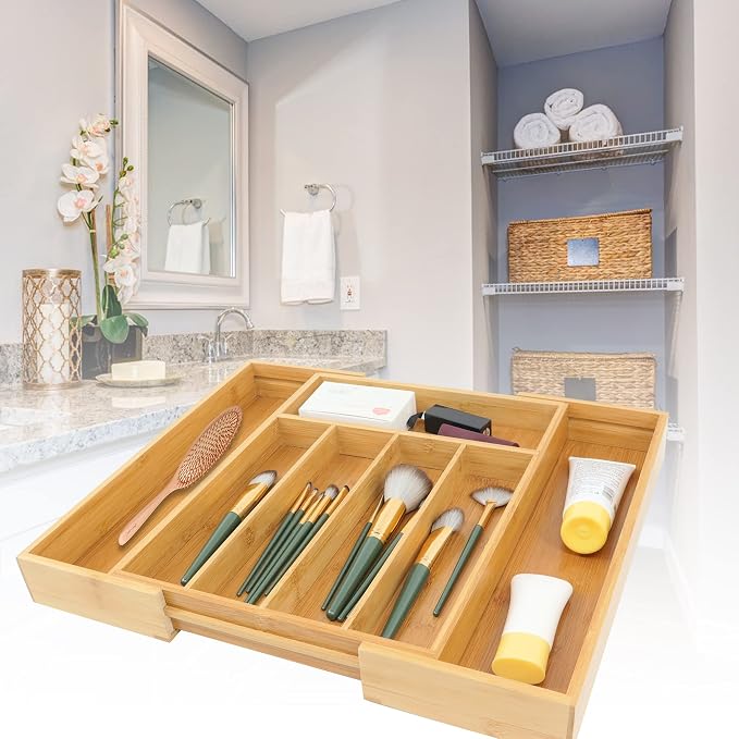 VaeFae Bamboo Drawer Organizer, Expandable Silverware Drawer Organizer, Cutlery Tray with Dividers for Kitchen Utensils, Medium