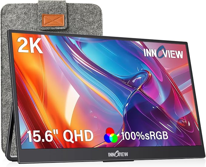 InnoView 2K Portable Monitor 15.6" QHD 100% sRGB, Built-in 180° Adjustable Stand Travel Monitor USB C Standard HDMI Ultra-Slim Portable Monitor for Laptop MacBook Phone PS5 Xbox Switch